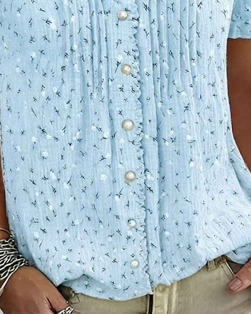 Blus Puffärm Blommig Tryck Kortärmad