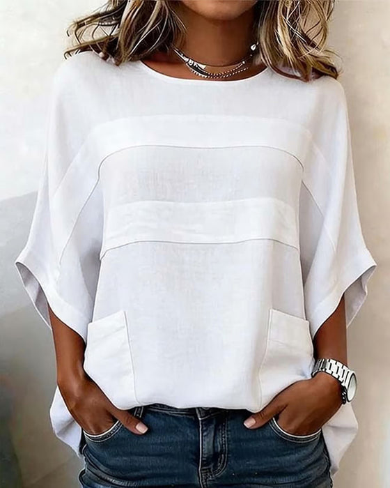 Blus Fladdermusärm Loose-Fit Bomull Och Linne Rundhalsad