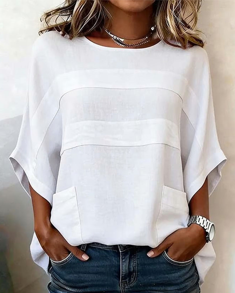 Blus Fladdermusärm Loose-Fit Bomull Och Linne Rundhalsad