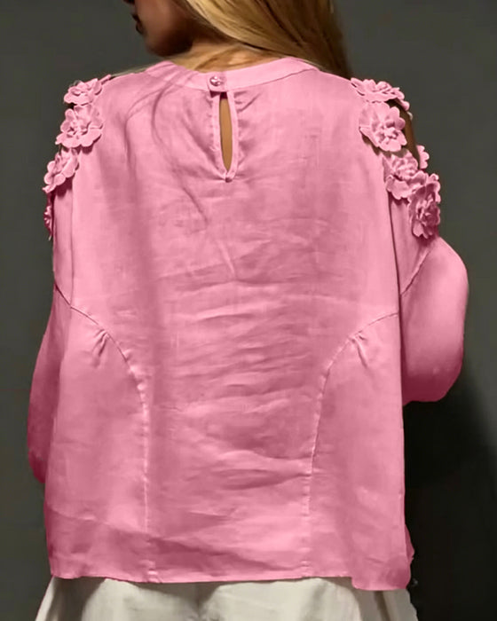 Blusar Rundhals Utskärning Off-Shoulder 3D Blommig