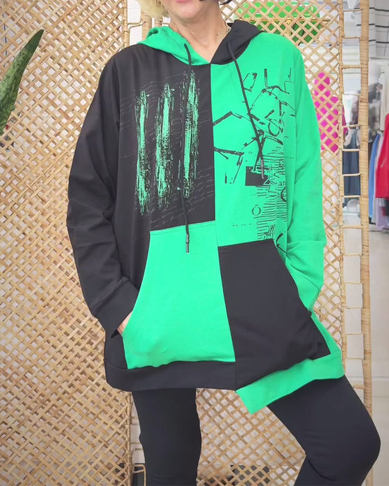 Tröja avslappnad huva färgblock tryckt