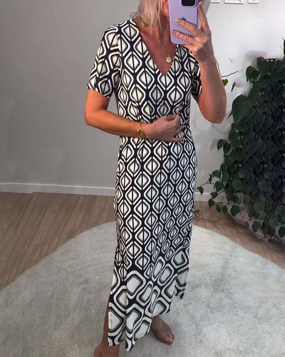 Klänning V-Ringning Geometrisk Kortärmad