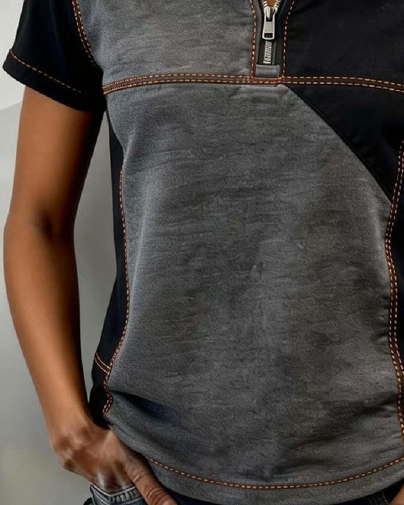 Topp Halvblixlås Färgblock Kortärmad