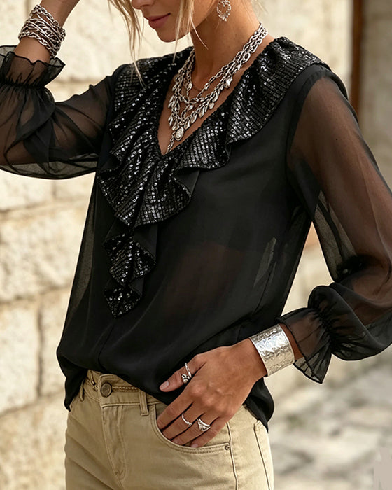 Blus Stilig V-Hals Spetskant Sheer