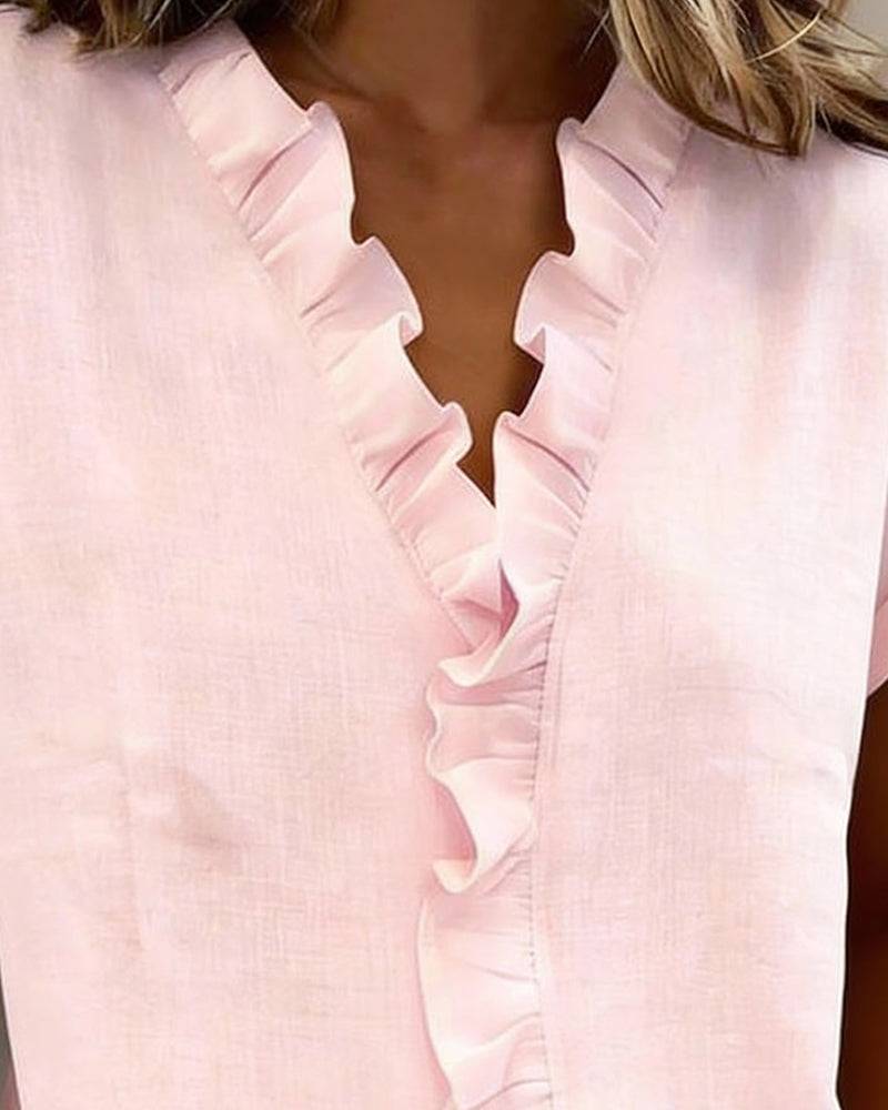 Kortärmad Blus I Ren Bomull Med Volangkrage