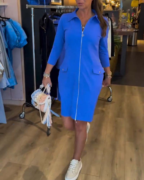 Klänning Slag Enfärgad Dragkedja Lång Ärm