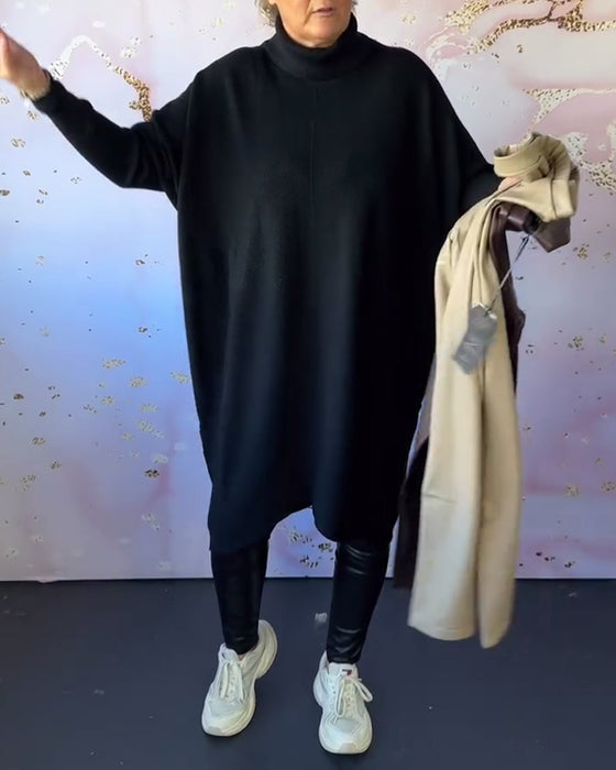 Casual enfärgad långärmad tröja med hög krage