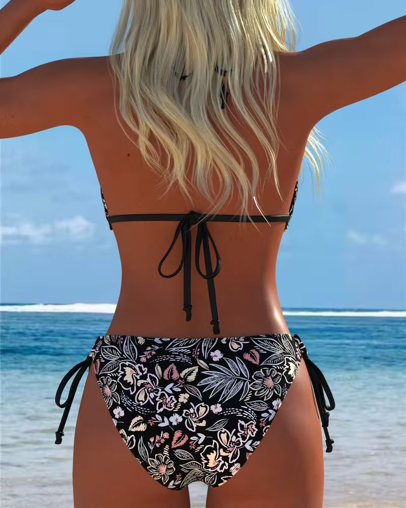 Bikini Blommig Halsrem Knyt Tvådelad Bikini