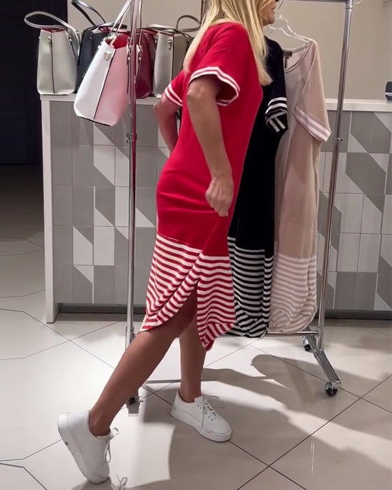 Klänning Kontrastrandig Kortärmad Casual