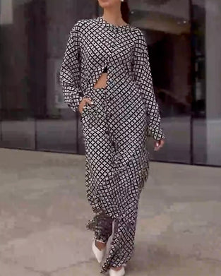 Set Geometrisk Print Långa Blusar Med Vida Byxor