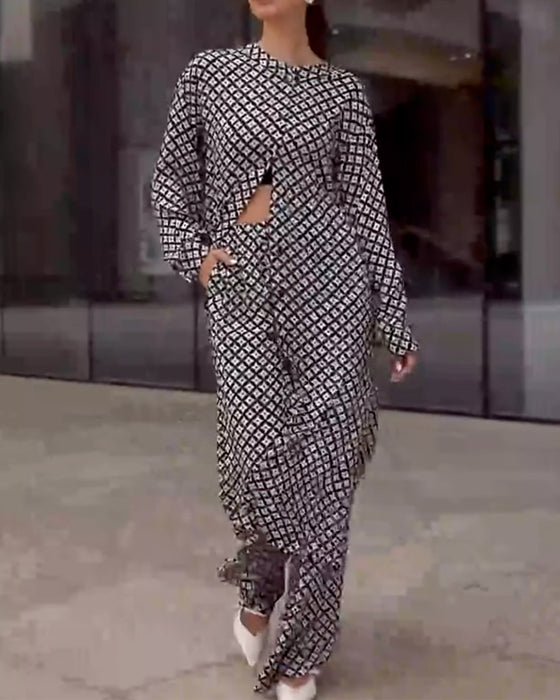 Set Geometrisk Print Långa Blusar Med Vida Byxor