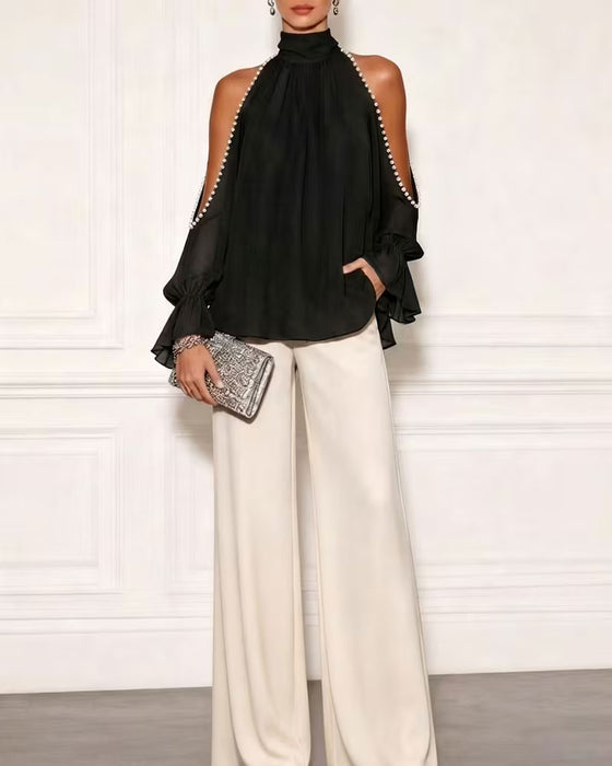 Blus Turtleneck Off-Shoulder Ruffle