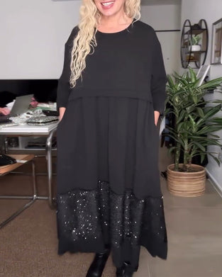 Klänning Rund Halsringning Paillett Lappverk Lössittande