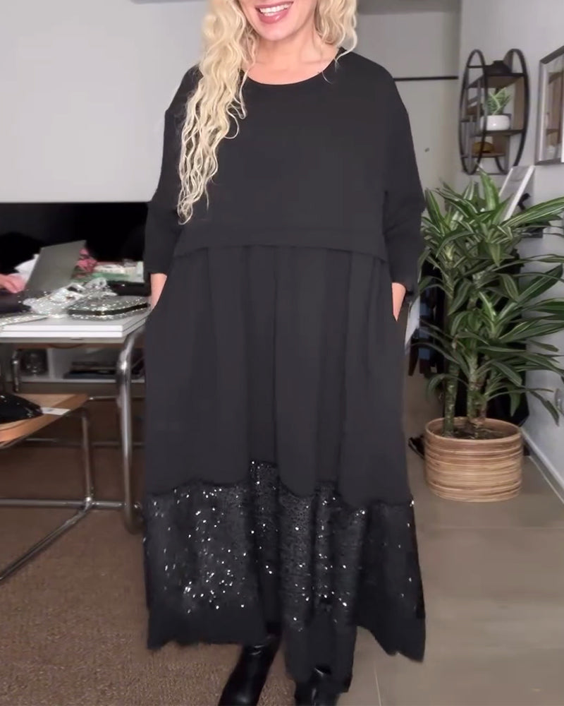 Klänning Rund Halsringning Paillett Lappverk Lössittande