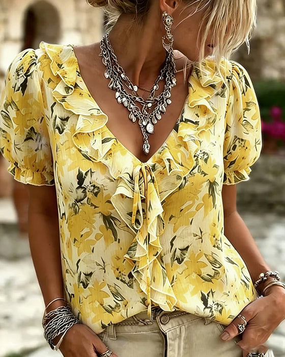 Blus V-Hals Ruffle Bubbel Ärm