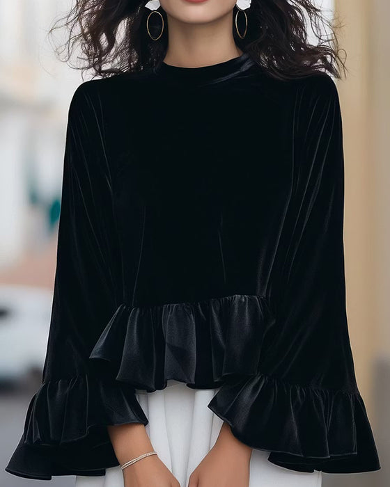 Blus Rundhalsad Ruffle Flare Ärm