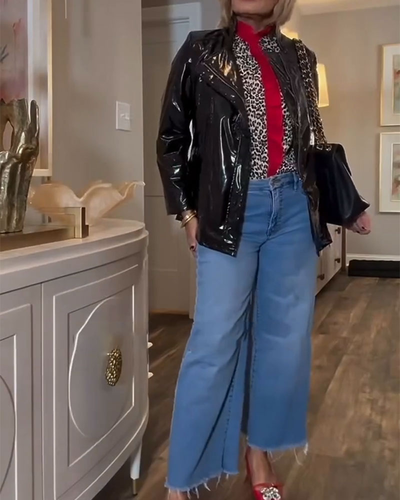 Blus Ryschad Leopardprint Färgblockad