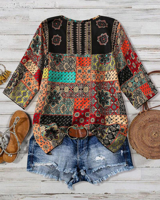 Plissad T-shirt Med Vintage-Mönster