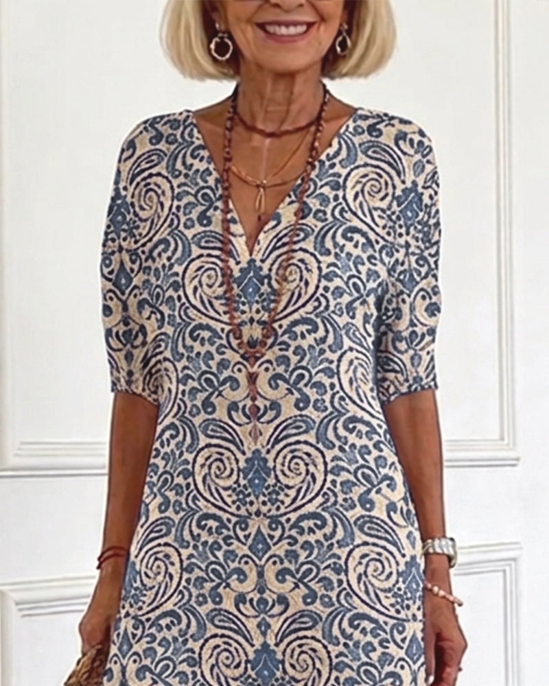 Klänning Vintage Blommönster V-Hals Maxi