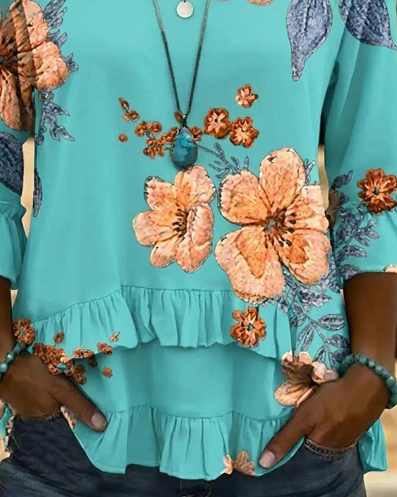Blus V-Ringning Vintage Blommig Loose Fit