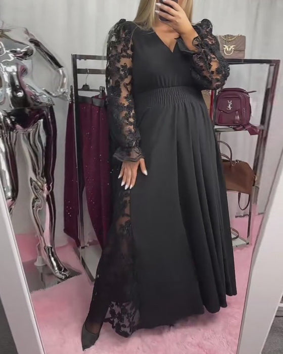 Klänning Spets Sticksöm V-Ringning A-Hem