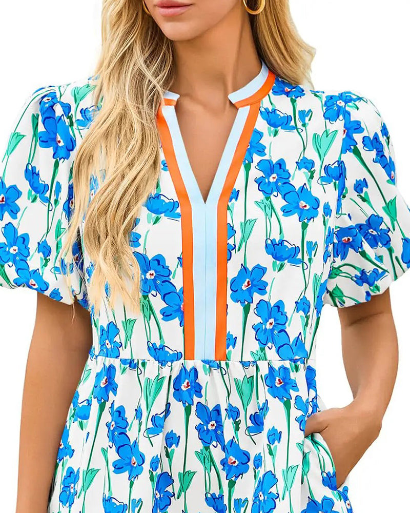 Klänning V-Hals Blommig Bubbla Ärm Patchwork