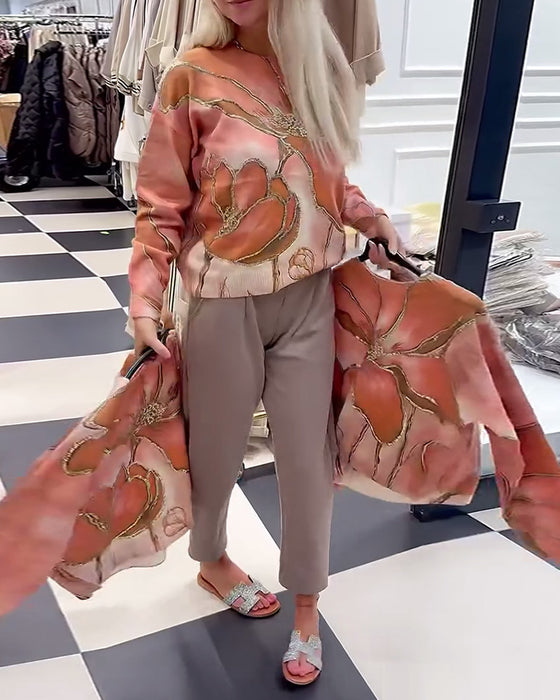 Rundhalsad Tryckt Lös Tröja