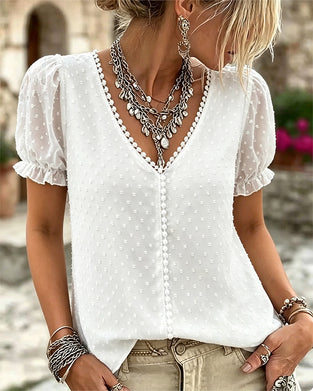 Blus Jacquard V-Hals Spets