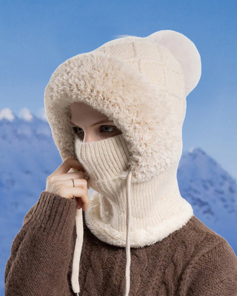 🔥Stilren Tjockstickad Vintermössa – Med Varm Ansiktsskydd Och Halsduk🧣