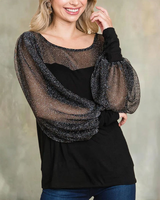 Blus Sheer Puffärm Panel Avslappnad