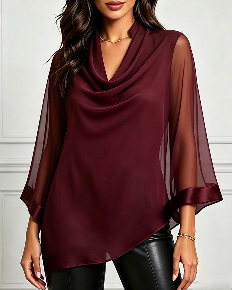 Blus Cowl Neck Oregelbunden Solid Sheer