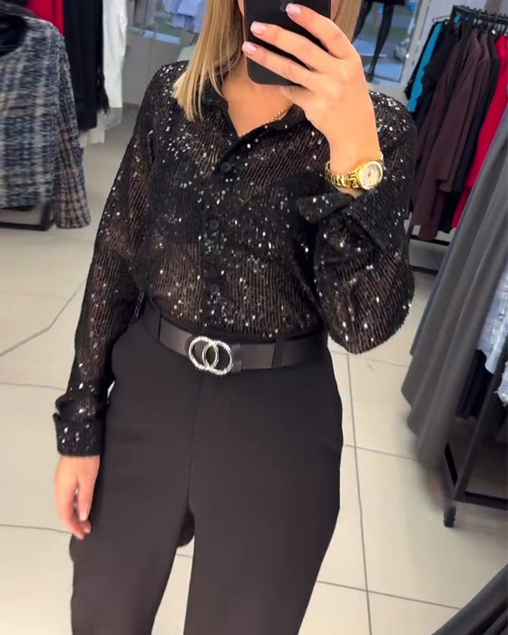 Paillettskjorta Med Knäppning Och Krage