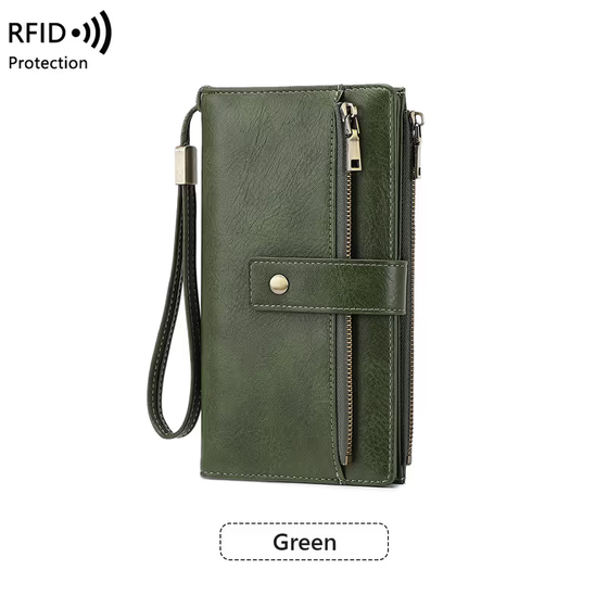 Dams långplånbok, snygg clutch, elegant enfärgad läderplånbok med RFID-skydd👛