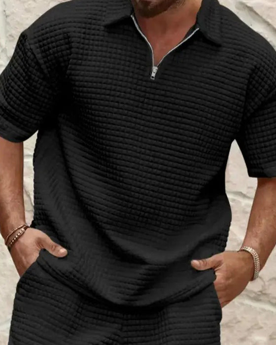 Set Polo Krage Dragkedja Våffel Textur Shorts