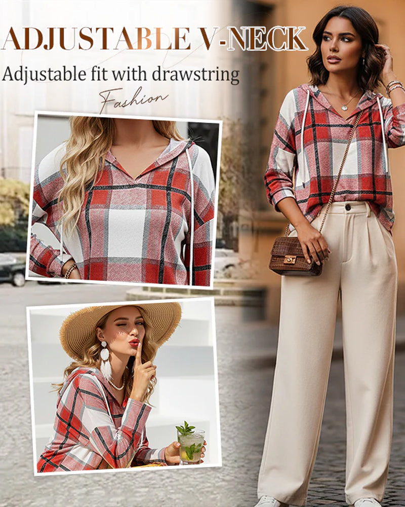 V-Ringad Huvtröja Med Lång Ärm Och Dragsko För Kvinnor I Rutigt Mönster