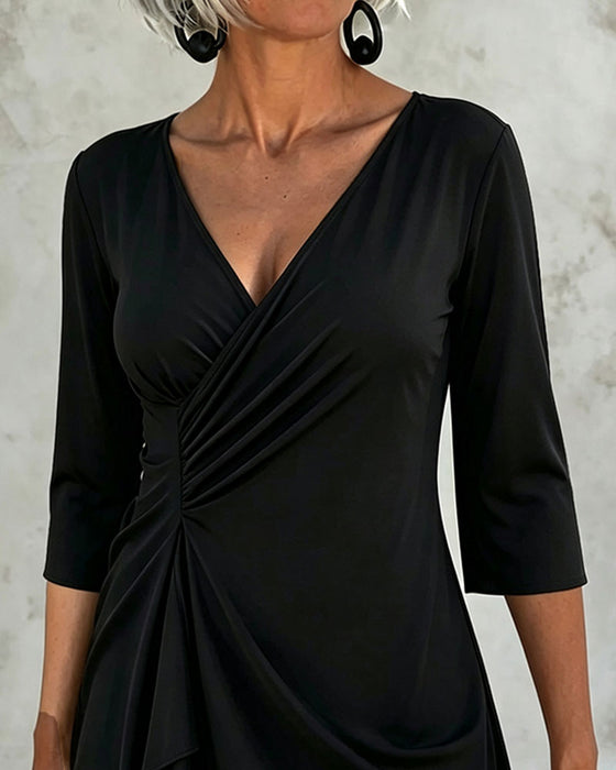 Blus V-Hals Draperad Oregelbunden