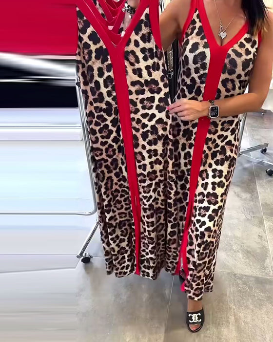 Klänning Ärmlös Elegant Leopardmönster Kontrast