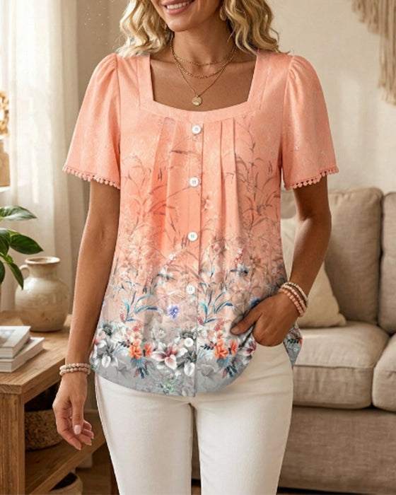 Blus Fyrkantig Hals Rynkad Tryck Fringe
