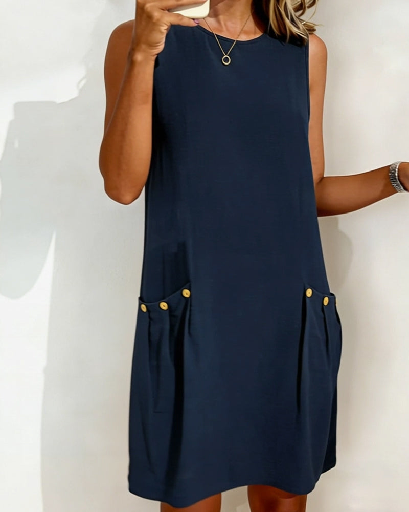 Klänning Bomull Och Linne Ärmlös Knapp