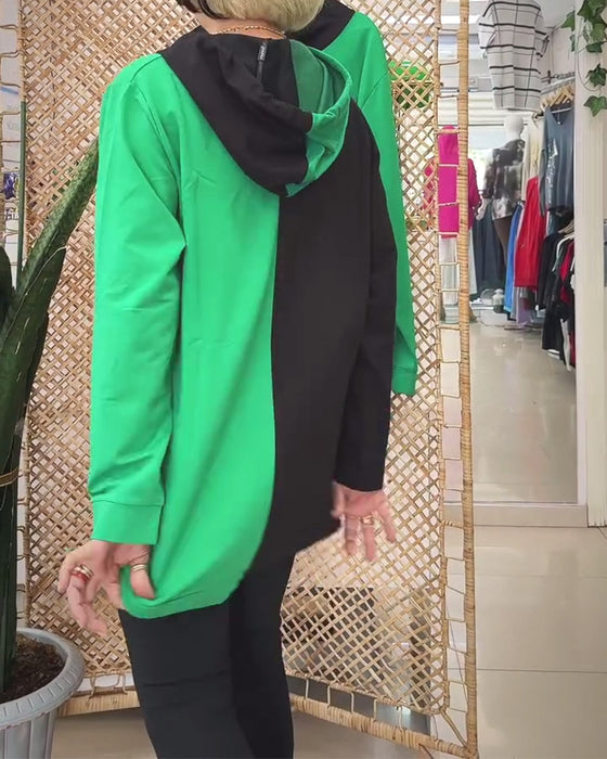 Tröja avslappnad huva färgblock tryckt