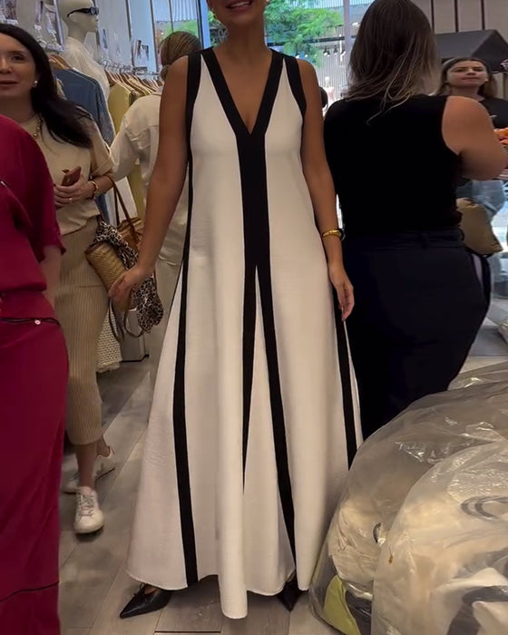 Klänning V-ringning Ärmlös Färgblock Lös