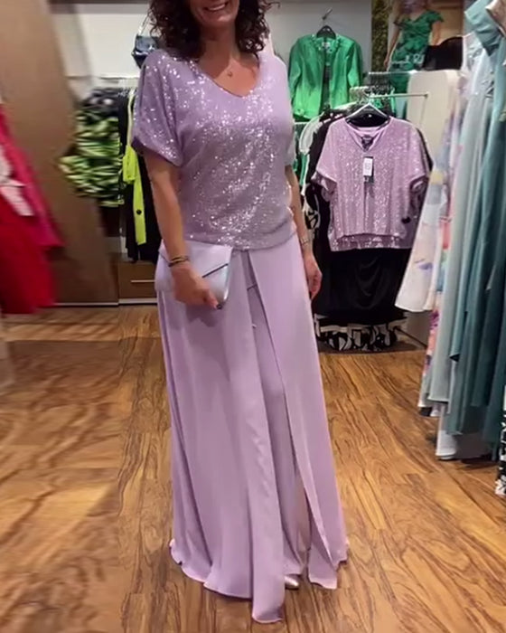 V-ringad kortärmad blus med lös paljett