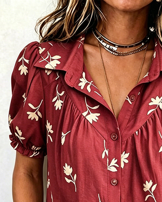Blus Bubbel Ärm Casual Rynkad