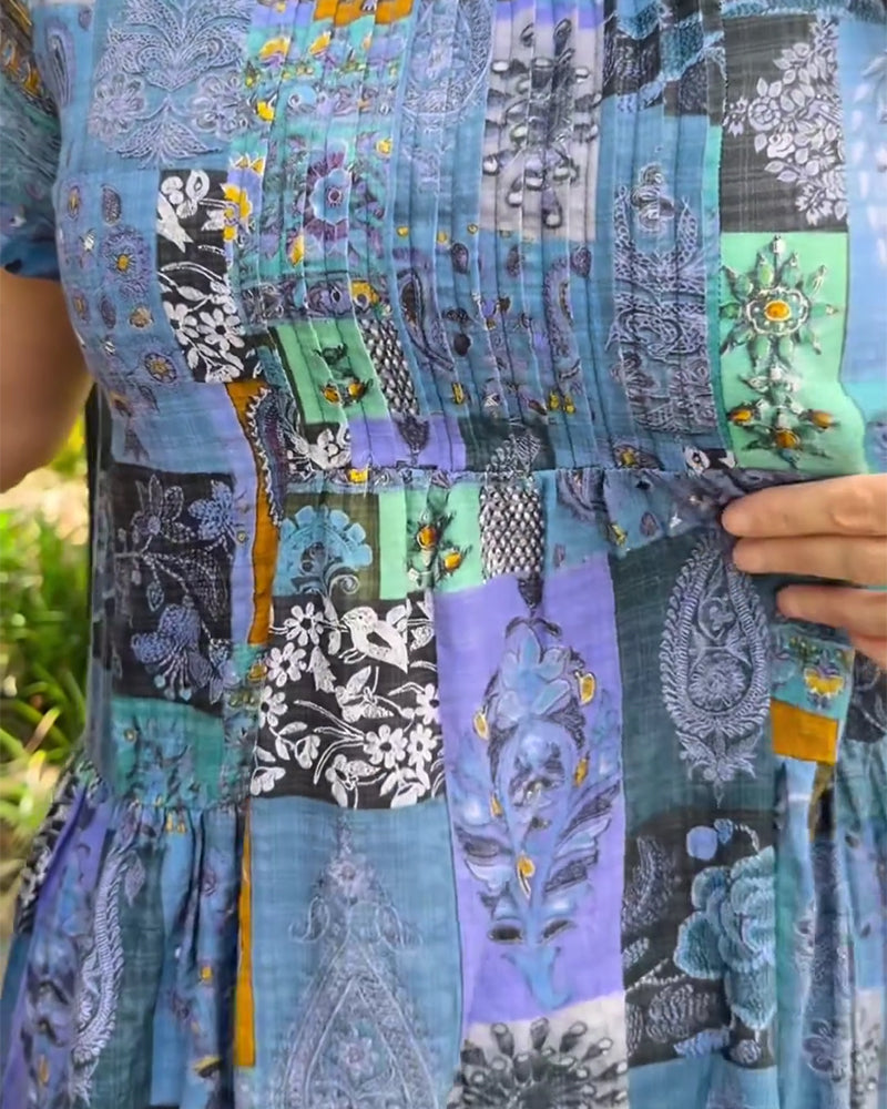 Klänning Rund Hals Veckad Tryckt A-Linje