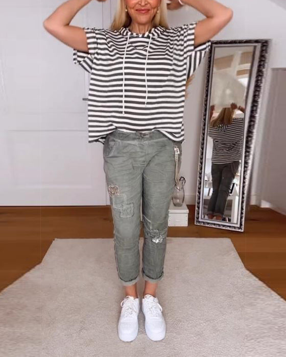 T-Shirt Med Huva Avslappnad Randig