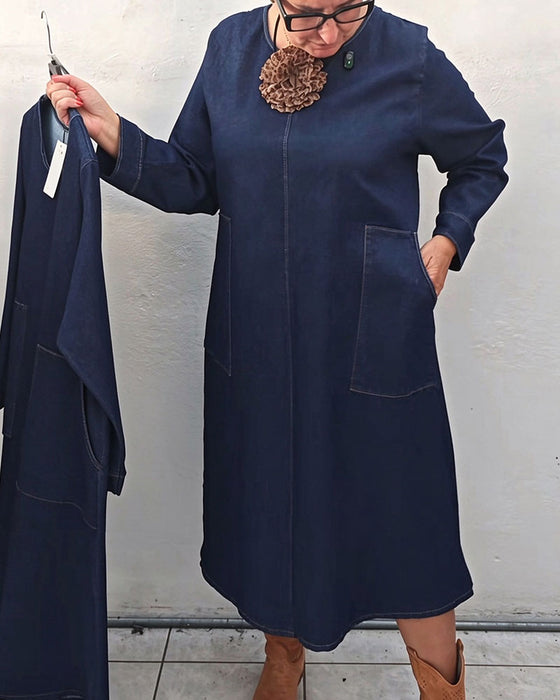 Klänning Rund Hals Ficka Rak Lång Ärm Denim