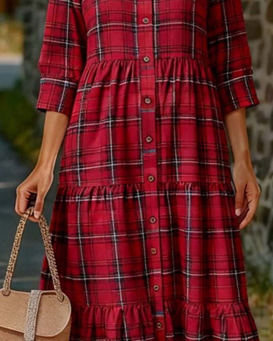 Klänning Plaid Sju-Kvart Ärm Skiktad