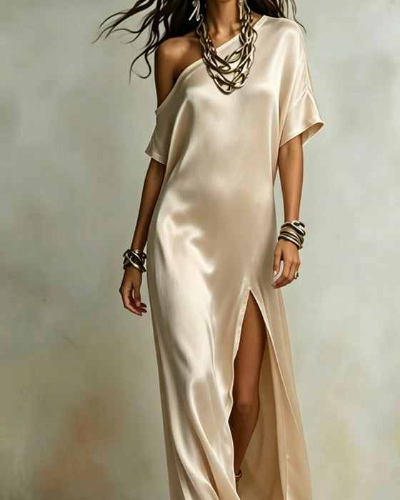 Klänning Satin Enaxlad Slits Maxi