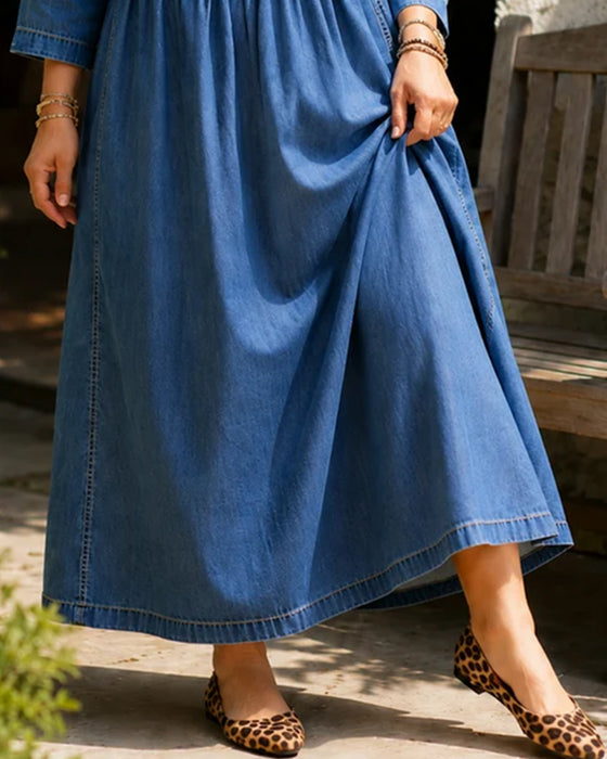 Klänning Rund Hals Veckad Lång Ärm Denim