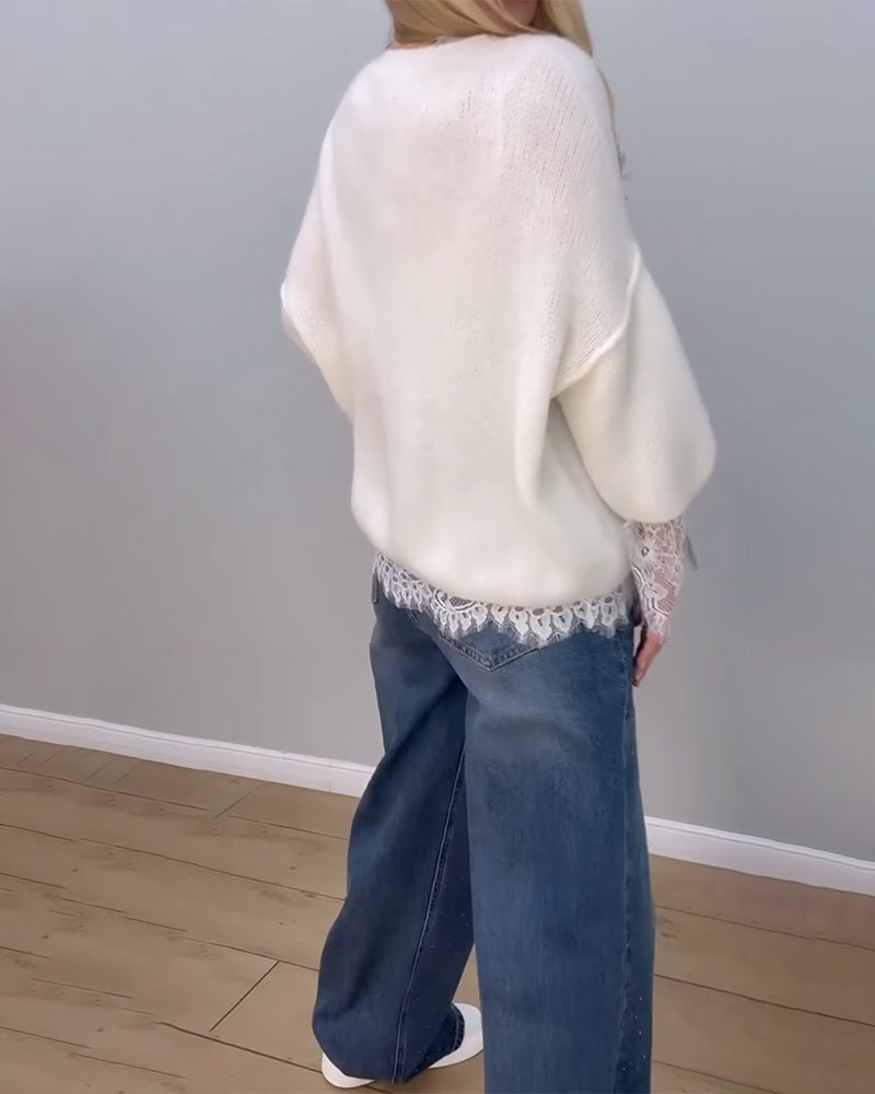 Tröja Stilfull Mysig Spets Lappverk